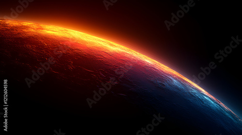 Bright sunlight lights up a round planet, with fiery orange on one side and blue on the other