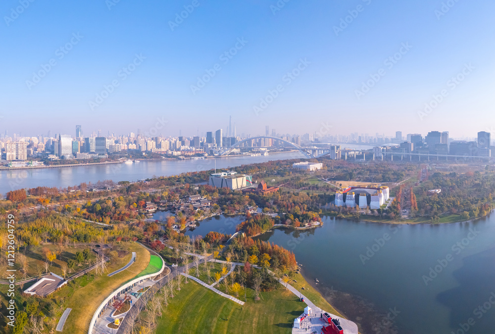 Fototapeta premium Aerial view of Shanghai skyline and Expo culture park in autumn