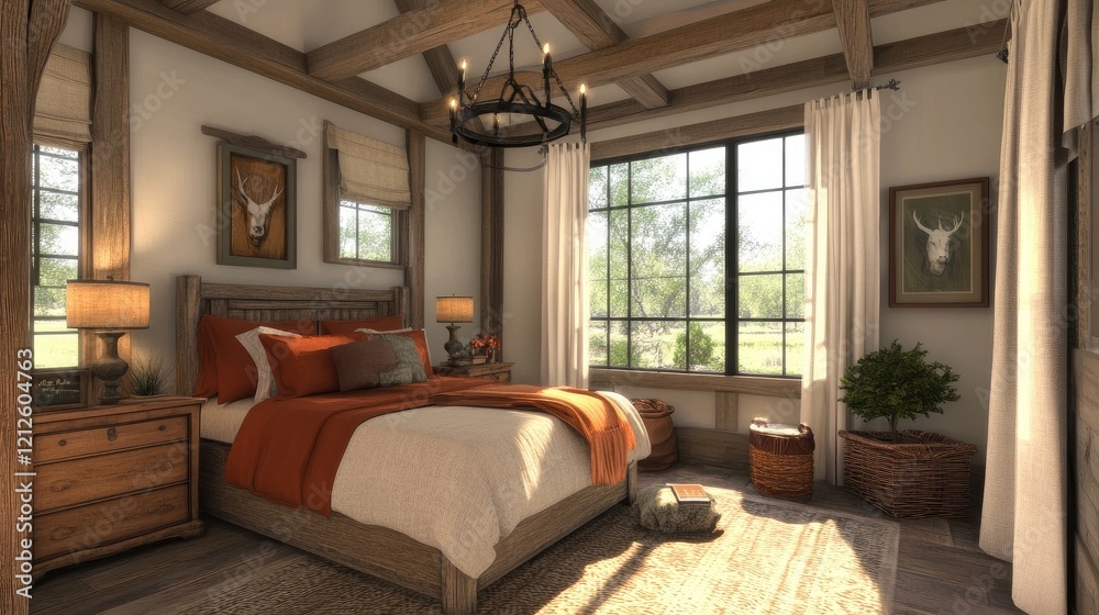 Fototapeta premium A rustic-themed bedroom featuring wooden beams, a farmhouse-style bed, and soft, earthy colors, creating a warm and inviting retreat in the countryside.