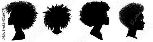 Black Afro African American girl woman lady modern portrait profile head face silhouette with natural hair puff hairstyle drawing illustration. Laser plotter cutting. Logo for beauty salon. T shirt