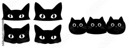 Set of black cats looking out the window