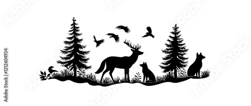 A group of black and white illustrations featuring the silhouettes of trees and wild forest animals, including deer, fawn, doe, fox, wolf, owl, bird of prey, and squirrel