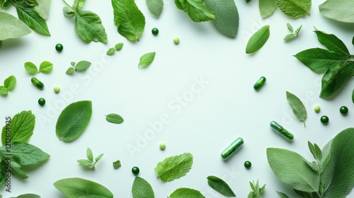 Wallpaper Mural Herbal medicine concept. Green leaves and capsules on white background. Torontodigital.ca