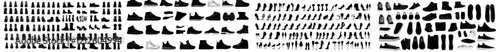 A variety of shoes collected, featuring black and white icons of women's and men's shoes on a white background