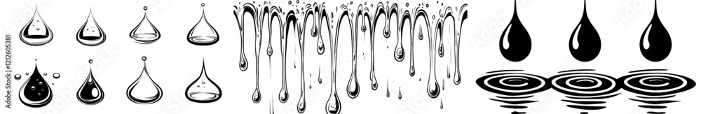 Water droplets create splashes. Isolated black ink drips, tears flow in modern shapes, resembling oil or rain. Water droplets create splashes. Isolated black ink drips, tears flow in modern shapes, resembling oil or rain.