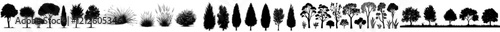 A set of bush and a bare bush, alongside decorative garden plants, presented as silhouettes