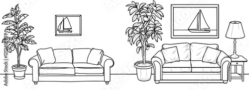 A sleek, modern living room design rendered in black lines on a white background, showcasing a modern illustration style