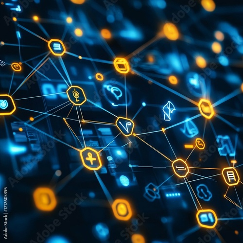 A glowing technology network visualization representing blockchain and AI connections. Perfect for technology blogs, presentations, and futuristic themes.