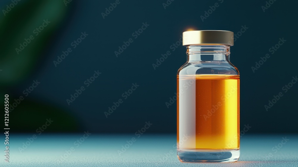 Elixir of Life Concept, Glowing Golden Liquid in Glass Vial with Gold Cap Reflecting Light on a Soft Background Elixir of Life Concept, Glowing Golden Liquid in Glass Vial with Gold Cap Reflecting Light on a Soft Background