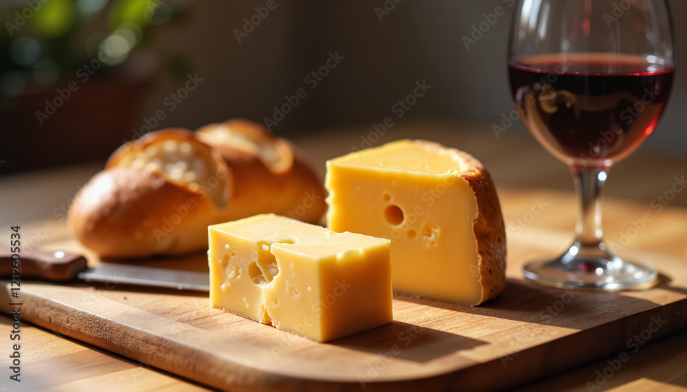 Cheese and red wine on rustic wooden board with bread Cheese and red wine on rustic wooden board with bread