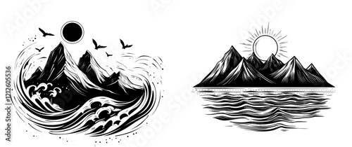 A black and white hand-drawn mountain landscape sketch at dawn, designed for postcards, books, posters, and banners. Engraved style, isolated background, modern