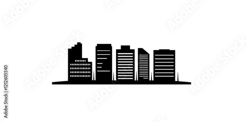 Silhouettes of a flat black skyscraper alongside low-rise buildings from illustrations, showing stages of construction, are placed on a white background