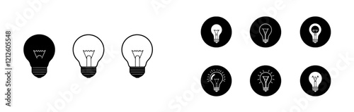 Modern pictogram tip idea hint icon, light bulb silhouette simple shape graphic illustration label, black and white isolated line outline thin stroke linear design art.