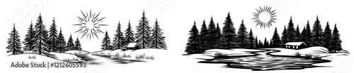 Modern black and white artwork of a river scene with a forest, rendered as a panoramic sketch rich in summer riverside ambiance