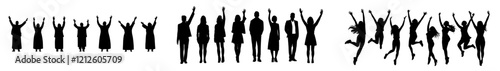 Man and woman silhouette raising hands in protest, black filled modern illustration featured on t-shirts and cards
