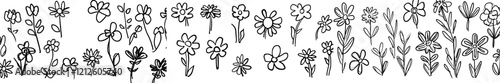 Doodle flowers in black and white, seamless pattern, for a coloring book background. Modern illustration