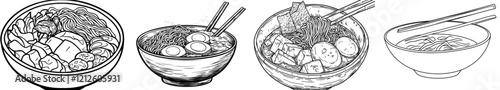 A modern black and white sketch illustration of udon food