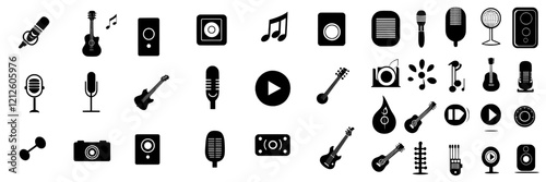 A contemporary set of icons featuring music notes, clefs, and sound symbols, along with musical notes and microphone icons.