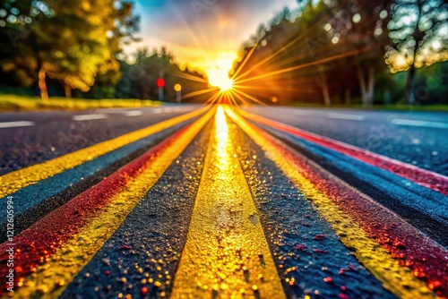 Close-up bokeh reveals textured asphalt rumble strips, enhancing highway safety.