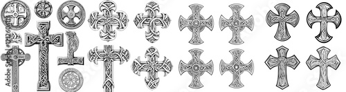 Large Celtic cross silhouettes. Traditional Scottish rope-designed Celtic crosses and modern icons, metal church crosses and crucifix symbols on a white background