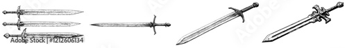 Hand-drawn medieval knight swords. Decorative kingdom warrior weapon, vintage grunge sketch modern collection