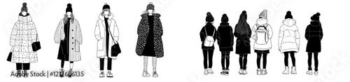 Stylish women and men in trendy spring or fall outfits. Hand-drawn young characters. Modern street fashion for girls and guys. Black and white modern illustration