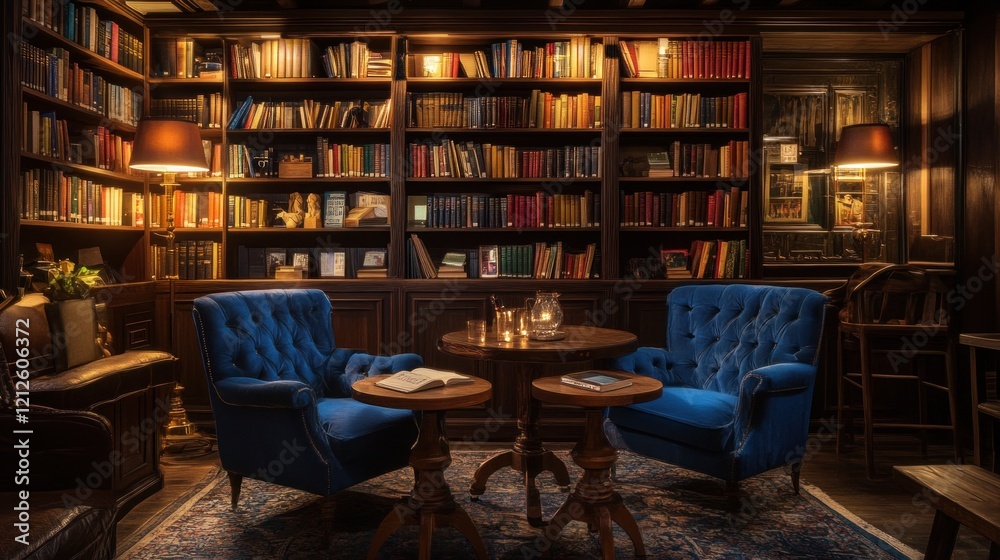 Cozy Library Corner With Two Blue Armchairs And Bookshelves Cozy Library Corner With Two Blue Armchairs And Bookshelves