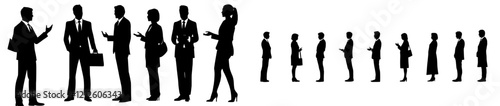 Modern business silhouettes of corporate professionals on a white background, depicting men and women in technology and marketing roles. Ideal for use as social media icons, cyberspace symbols, or