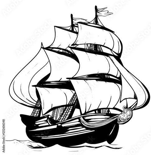 Old-fashioned ship illustration. Retro sailboat sketch graphics, engraved vintage shipping boat, timeless wooden sailing brigantine on sea waves