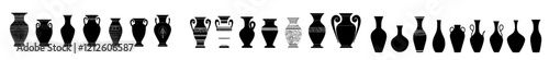 Set of Ancient ceramic vases Icons. Contemporary art for home Decorations. Glass jar, Ceramic vase pot black silhouette signs in Fill styles. Antique vases symbols moderns on transparent background