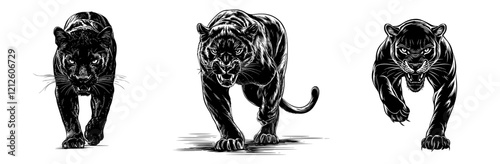 A modern logo depicting a black panther in black and white
