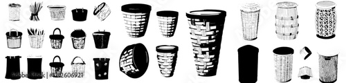 Rattan and bamboo laundry baskets. Messy cartoon hamper with dirty clothes, straw weaving, trendy wicker hampers, empty container, modern home interior illustration.