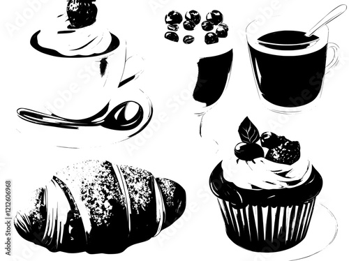 A contemporary bakery display showcasing 3D coffee and pastries, with a tea cup, takeout coffee, and cappuccino, as well as croissants, cookies, and sweet cakes adorned with cream and chocolate.