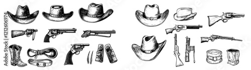 A set of Western gear illustrations in a doodle style, showcasing hand-drawn black icons of cowboy accessories on a white background, perfect for rodeo clipart