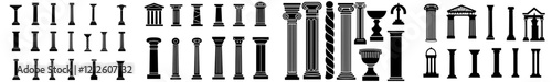 Silhouettes of columns icon set. Medieval cathedral column capital. Diverse collection of ancient Greek and Roman pilasters. Modern isolated clipart.
