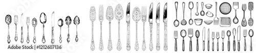 Vintage Silver Cutlery Set with Engraved Style Icons, Classic Design Elements, and Detailed Line Sketches of Retro Kitchenware