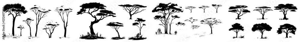 African safari scene with trees, arid landscape, and vegetation in a modern illustration set.