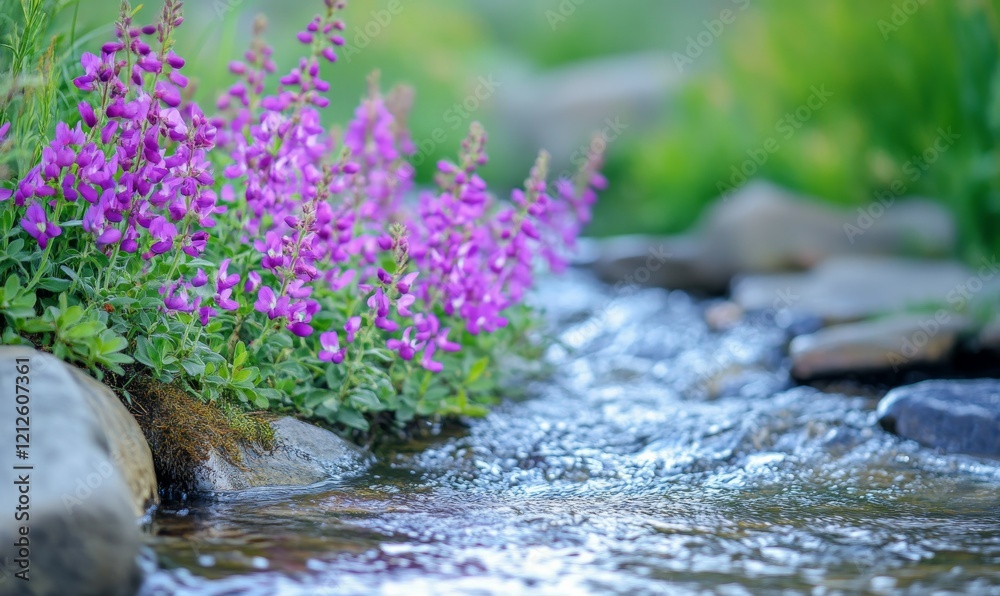 Close-Up Purple flowers by stream part of natural landscape