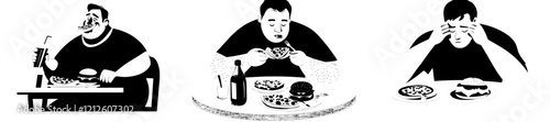 **Illustration of a fat man with a binge eating disorder, showing an addiction to unhealthy fast food such as hamburgers and pizza, representing the concept of obesity, being overweight, or a mental
