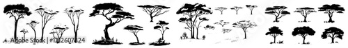 African safari scene with trees, arid landscape, and vegetation in a modern illustration set.