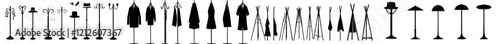 Hat and coat racks featuring hooks for dress garments, showcasing modern silhouette icons. Variously shaped hangers for hats and coats, equipped with hooks and an umbrella compartment for home