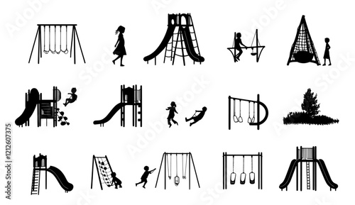 Children playing in the playground, modern silhouette collection