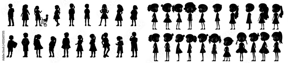 Kids silhouette in a contemporary style showing children in playful and standing poses. Ideal for use in educational designs, websites, or creative projects that need children-themed visuals Kids silhouette in a contemporary style showing children in playful and standing poses. Ideal for use in educational designs, websites, or creative projects that need children-themed visuals