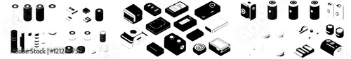 Types of battery accumulators include nickel or lithium cylinder batteries, which can be recycled. Different types of alkaline AA cells, button cells, electric chargers, and power banks are neatly