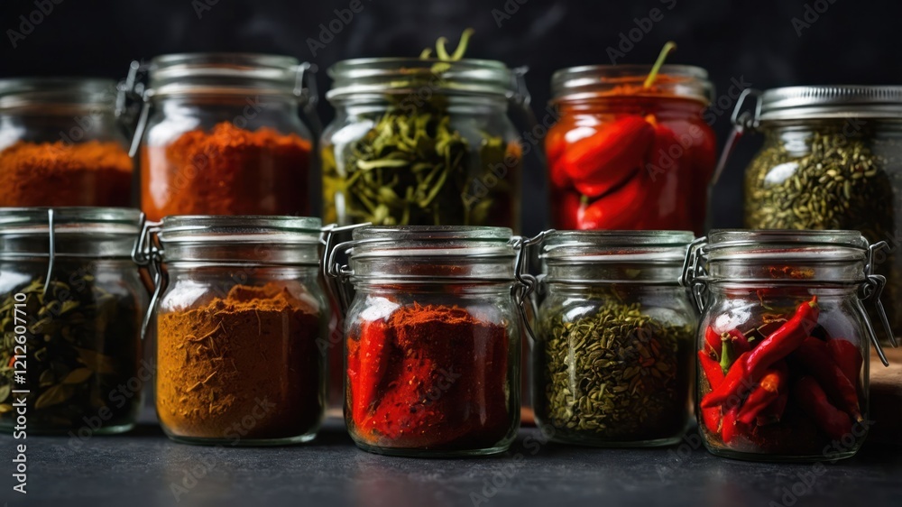 A collection of spices in glass jars, showcasing vibrant colors and various textures. A collection of spices in glass jars, showcasing vibrant colors and various textures.