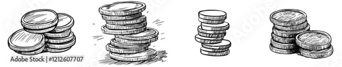 A hand-drawn sketch of a stack of gold coins with a Dollar sign, titled "Stack of Coins Doodle Dollar."