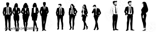 Black silhouette icons of business people showcasing diverse characters, including men and women, embodying corporate culture, teamwork, networking, professionalism, and suitable for marketing