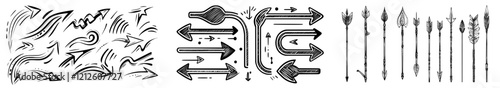 Hand-drawn spiral arrow doodles, featuring spring arrow coil icons with flexible lines, with editable strokes.