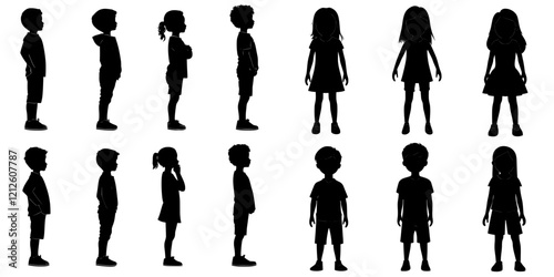 An icon set featuring black silhouettes of children in different poses, showcasing their lively and playful nature, embodying the spirit of childhood with cartoon designs of little kids and toddlers