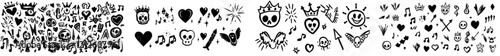 Graffiti spray paint, street art designs. Contemporary hand-drawn spray paint arrow, skull, dead smile emoji, crown, ghost, and heart. Ice cream cone, lightning, eye, and flower emoticon ink